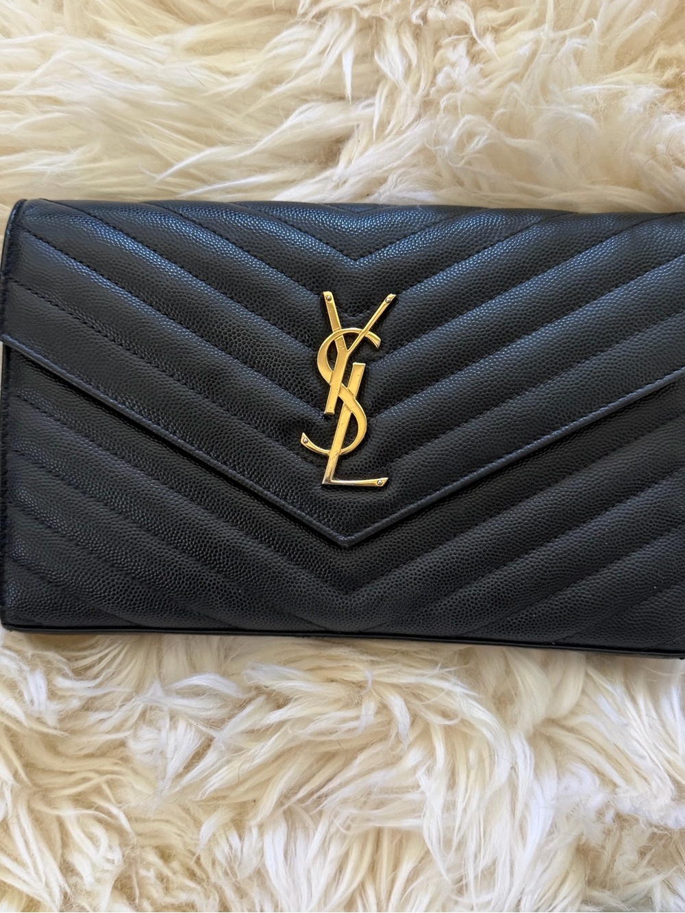 Saint Laurent Black Chevron Envelope Clutch w/ Long Chain w/ Gold YSL Hardware